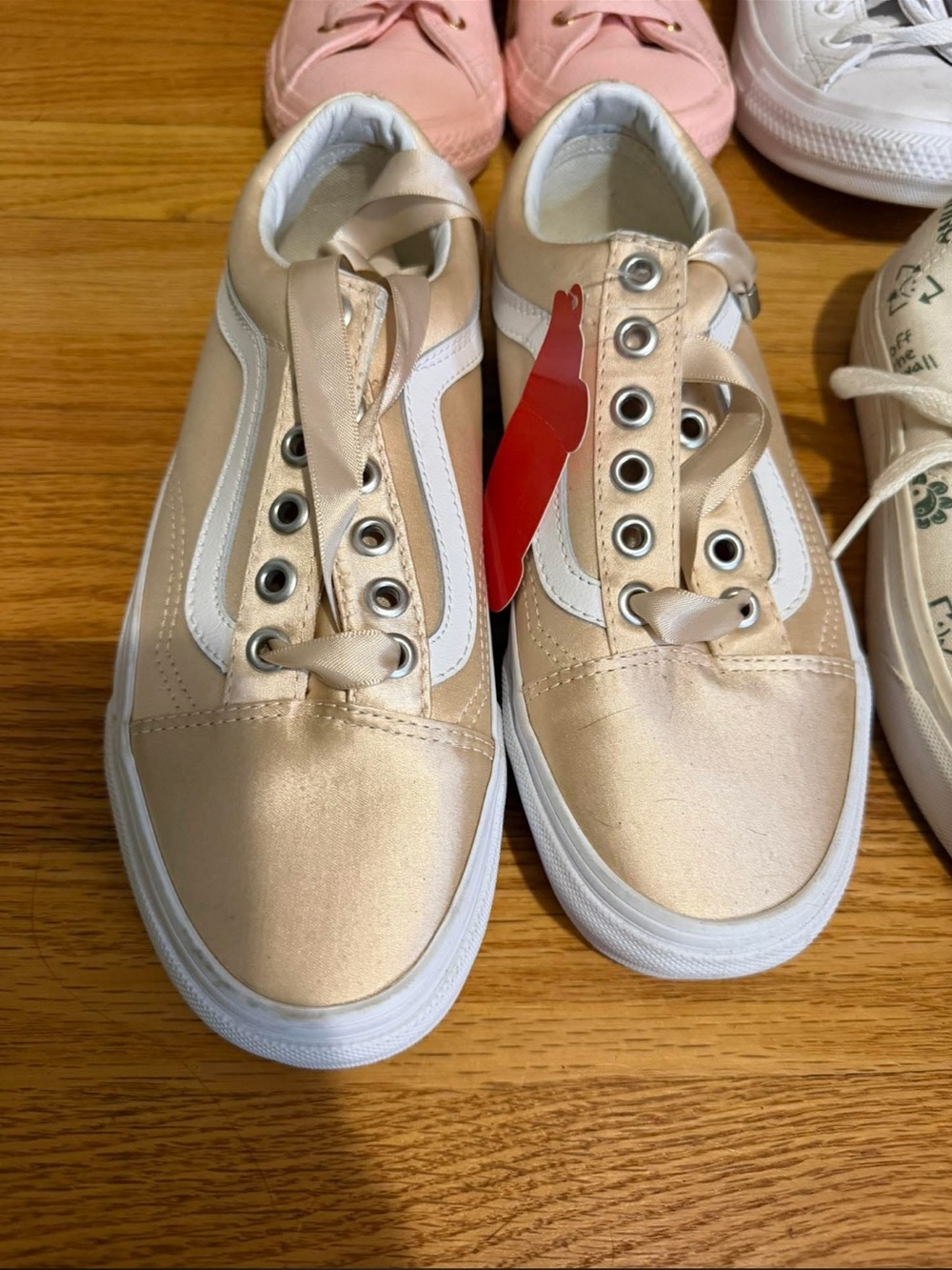 Vans Old Skool Satin Slip-On Sneakers in Metallic Cream and White